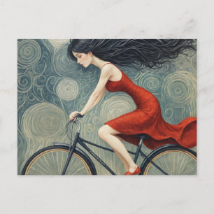Postal Dama de bicicleta con un vestido rojo