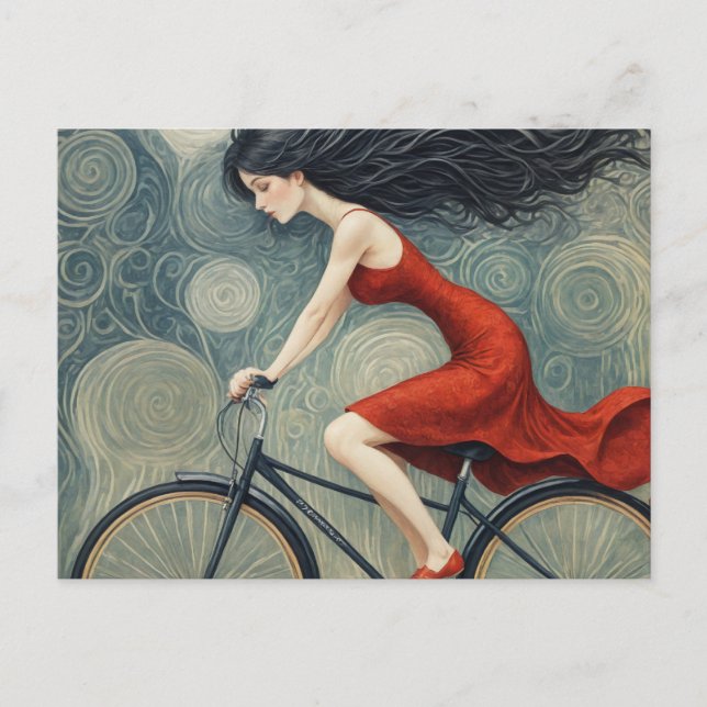 Postal Dama de bicicleta con un vestido rojo (Anverso)