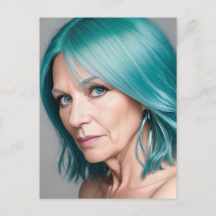 Postal Dama de cabello verde azulado