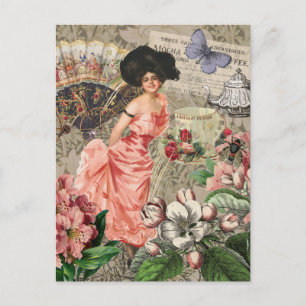 Postal Dama de Café Mujer Victoriana Rosa Vestido Rico