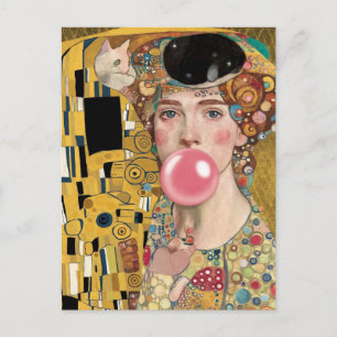 Postal Dama de Chicle Rosa con Arte de Gato de Gustav Kli