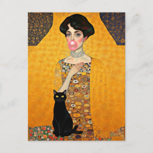 Postal Dama de Chicle Rosa con Gato Negro Gustav Klimt