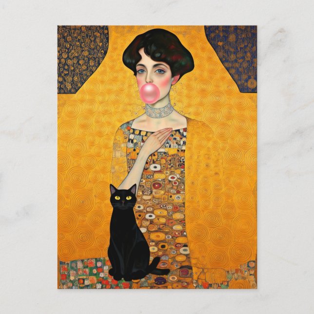 Postal Dama de Chicle Rosa con Gato Negro Gustav Klimt (Anverso)