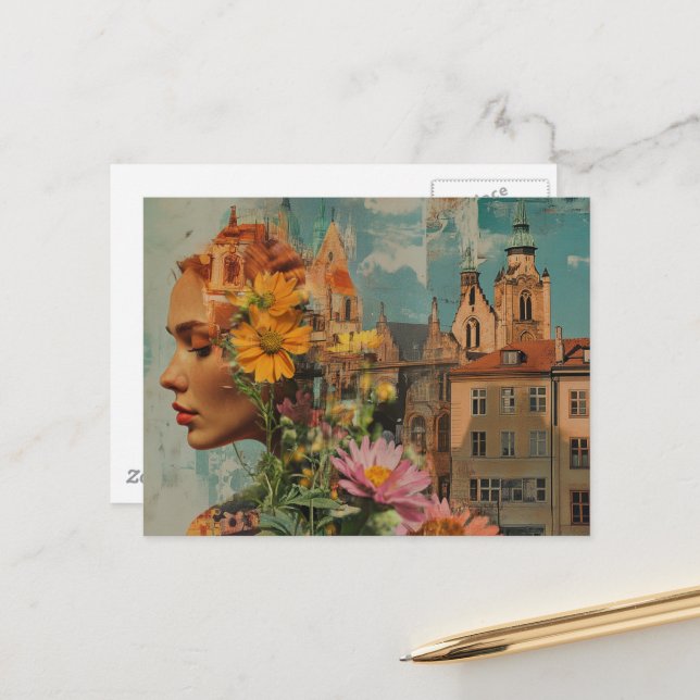 Postal Dama de Doble Exposición con Flores y Edificios (Anverso/Reverso In Situ)