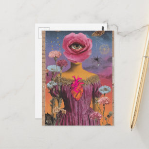 Postal Dama de flor rosa surrealista collage