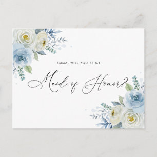 Postal Dama de Honor de Rosas Azul y Marfil al Acuarela