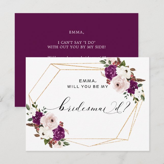 Postal Dama de honor floral rosa malva púrpura moderna (Anverso / Reverso)