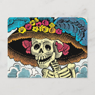 Postal Dama de la Calavera Azucarada con Sombrero Floral 