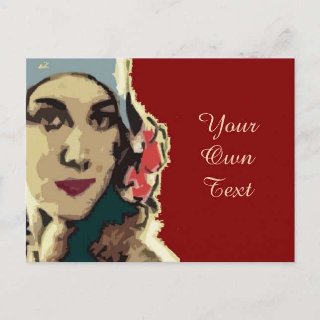 Postal Dama de los años 20 con sombrero azul Pop Art (Anverso)