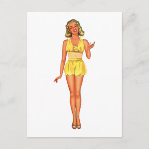 Postal Dama de muñeca de papel retro vestida de amarillo