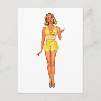 Postal Dama de muñeca de papel retro vestida de amarillo