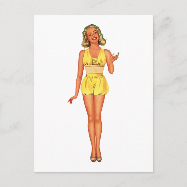 Postal Dama de muñeca de papel retro vestida de amarillo (Anverso)