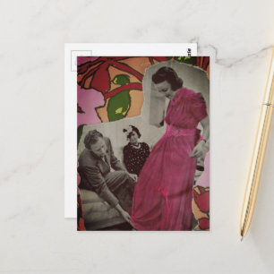 Postal Dama de Pijama Rosa 1939 Collage de Medios Mixtos