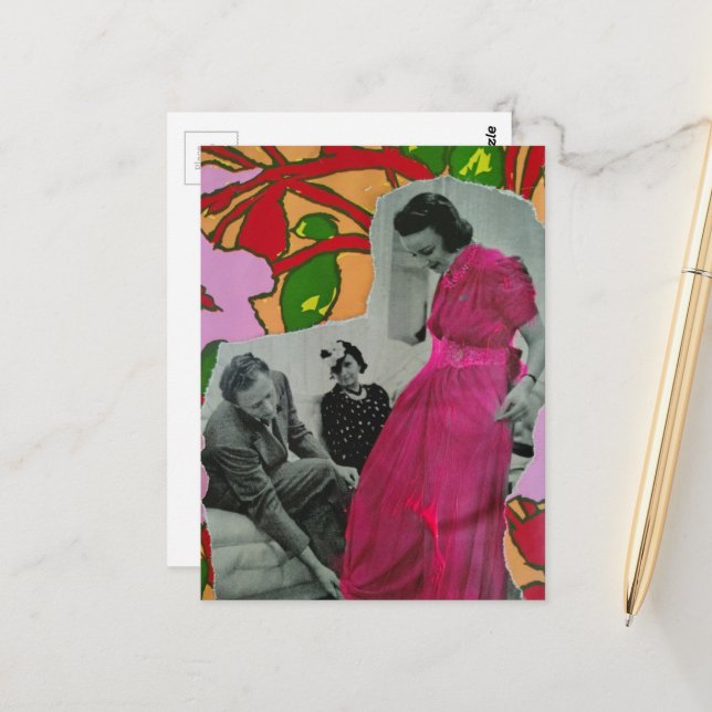 Postal Dama de pijama rosa caliente de 1939 Collage de me (Anverso/Reverso In Situ)
