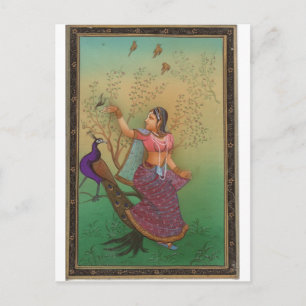 POSTAL DAMA DE PINTURA INDIA EN EL JARDÍN PEACOCK