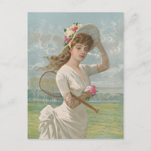 Postal Dama de tenis victoriana con sombrero floreado ant