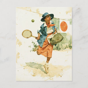 Postal Dama de tenis vintage caprichosa