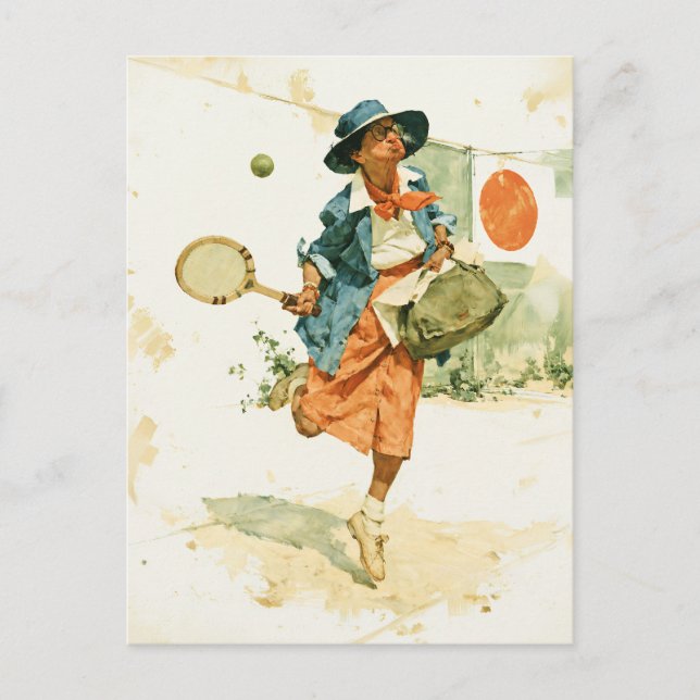 Postal Dama de tenis vintage caprichosa (Anverso)