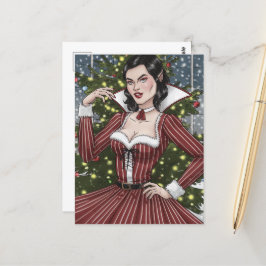 Postal Dama de vampiros con ropa roja y Navidades a rayas