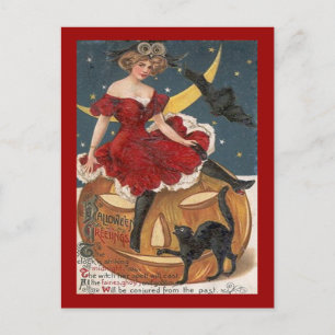 Postal Dama de Vintage de Halloween de rojo en Jack o' La