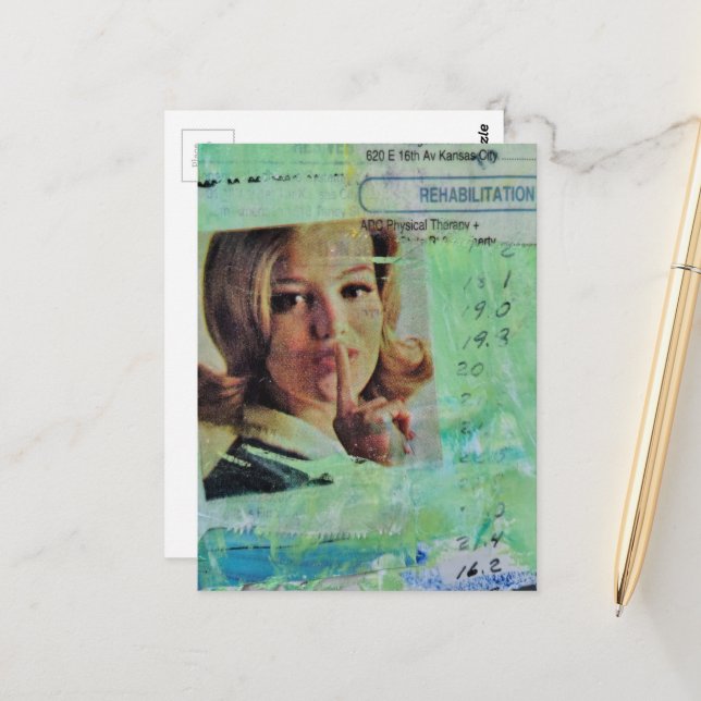 Postal Dama dice shh Collage de Medios Mixtos (Anverso/Reverso In Situ)