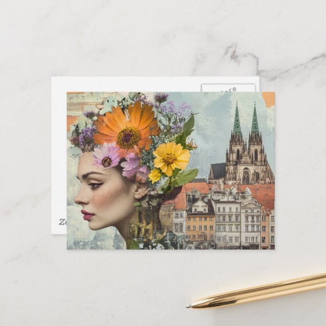 Postal Dama en un collage de flores de edificios de ciuda (Anverso/Reverso In Situ)
