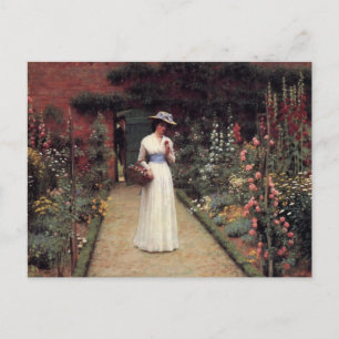 Postal Dama en una pintura de aceite de jardín