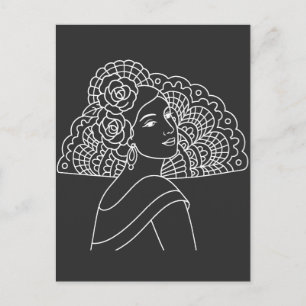 Postal Dama española de flamenco con abanico arte de tint