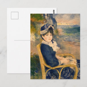 Postal Dama francesa vintage tejiendo en la playa Arte