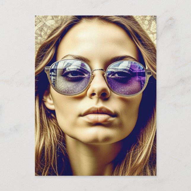 Postal Dama genial con reflejo en sus gafas de sol (Anverso)