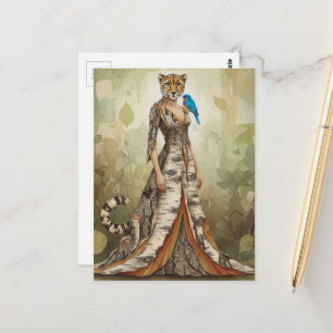 Postal Dama guepardo surrealista con moda de vestido de c