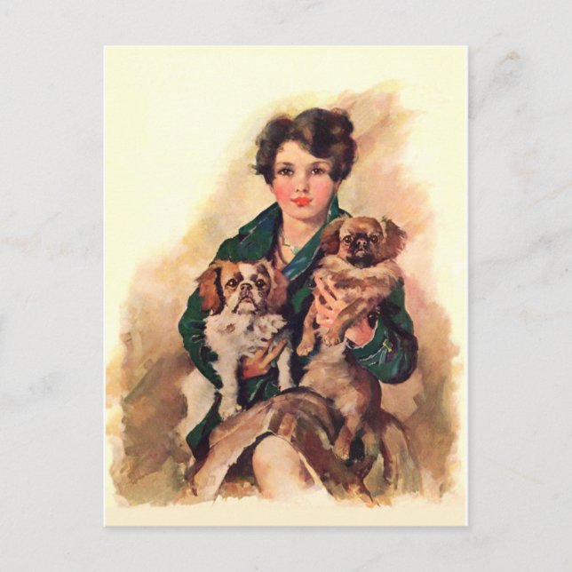 Postal Dama Hermosa con Perros Pequinés (Anverso)