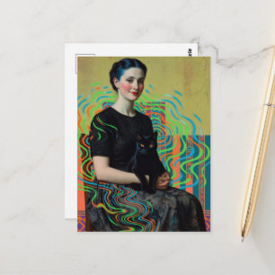 Postal Dama Hermosa con un gato negro Arte Glitch
