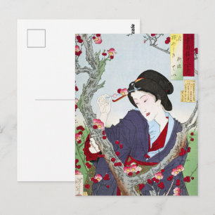 Postal Dama japonesa de chinoiserie y flor de cerezo roja