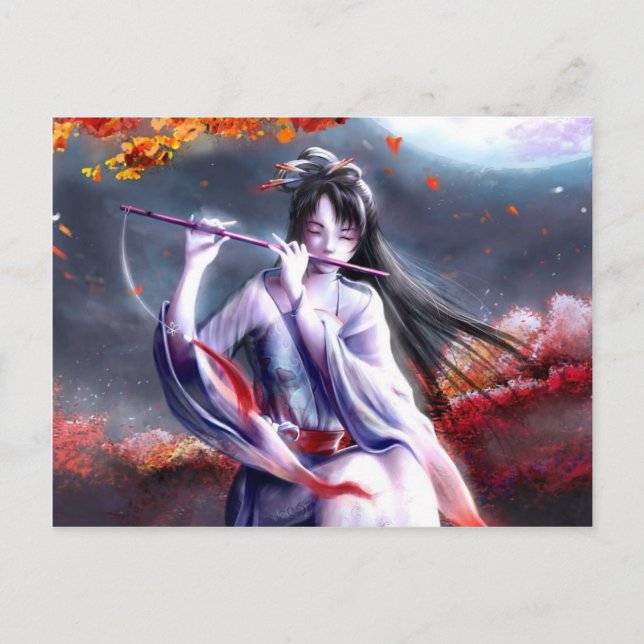 Postal Dama japonesa jugando a la flauta (Anverso)