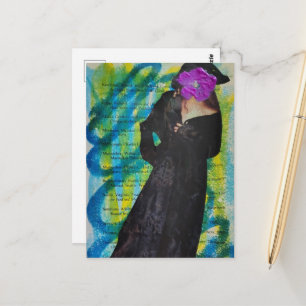 Postal Dama Pirata Con Flor Morada Cara Medios Mixtos