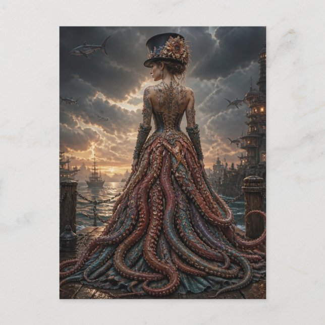 Postal Dama Pulpo Steampunk Con Tiburones Voladores (Anverso)