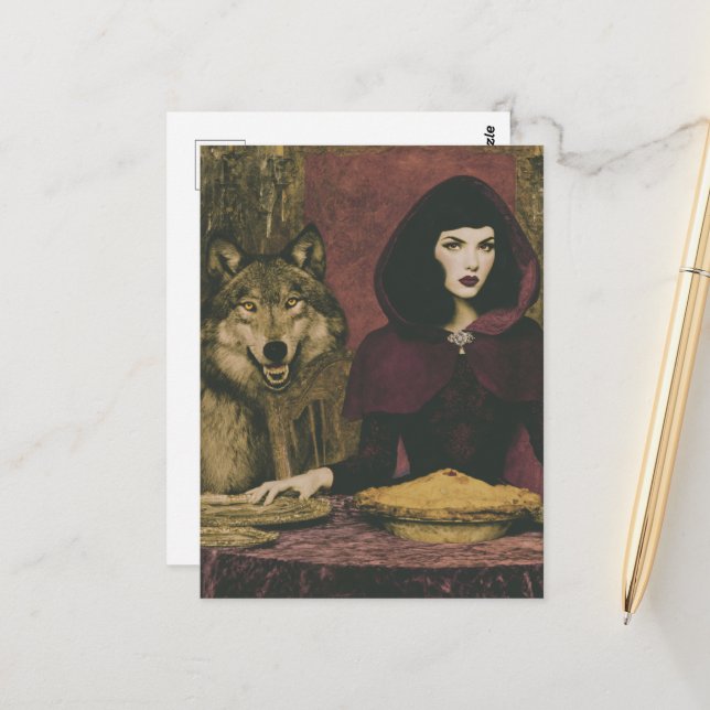 Postal Dama Retro Comiendo Tarta Con el Lobo (Anverso/Reverso In Situ)