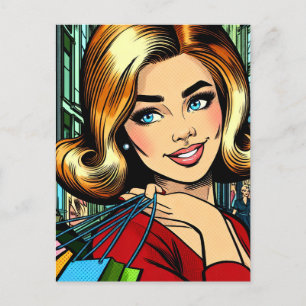 Postal Dama Retro con bolsas de compras a mediados del si