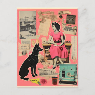 Postal Dama retro en vestido con perro negro Collage