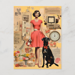 Postal Dama retro en vestido con perro negro Collage