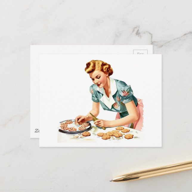 Postal Dama Retro Horneando Galletas (Anverso/Reverso In Situ)