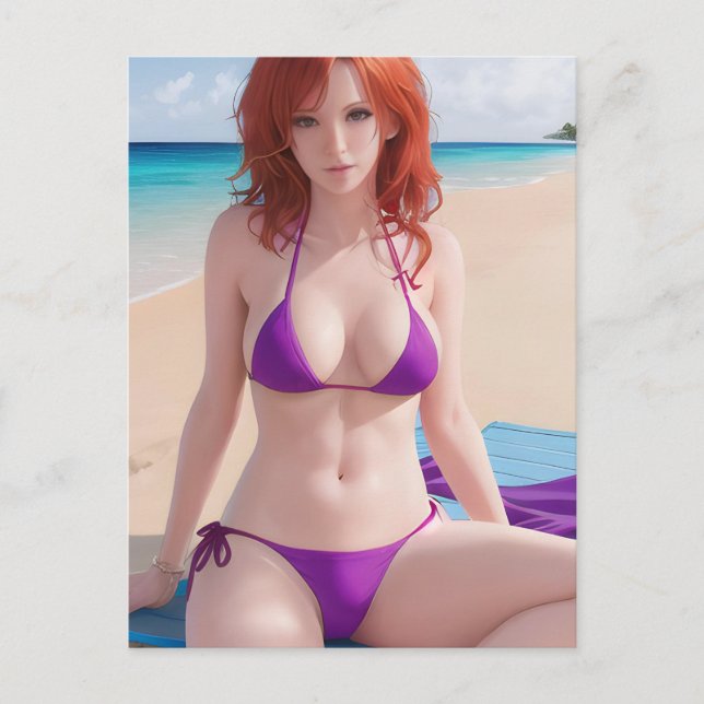 Postal Dama roja en bikini morado (Anverso)