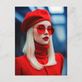 Postal Dama rubia en rojo