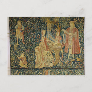 Postal Dama tocando el órgano portativo de