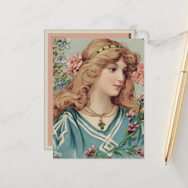 Postal Dama victoriana con flores rosas y azules en el pe (Anverso/Reverso In Situ)