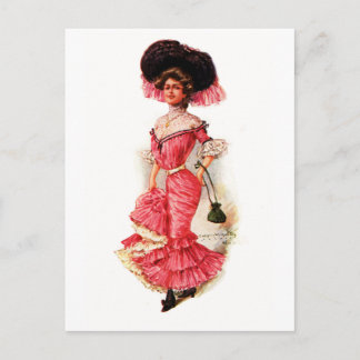 Postal Dama victoriana con vestido rosa