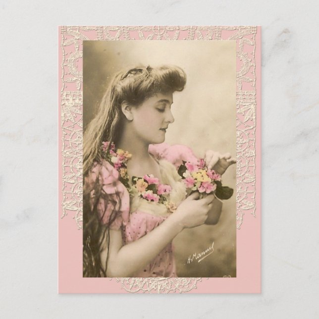 Postal dama victoriana de encaje y ramilletes (Anverso)