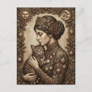 Postal Dama victoriana de Navidad vintage con gato elegan