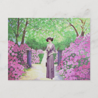 Postal Dama victoriana en un jardín de rododendros.